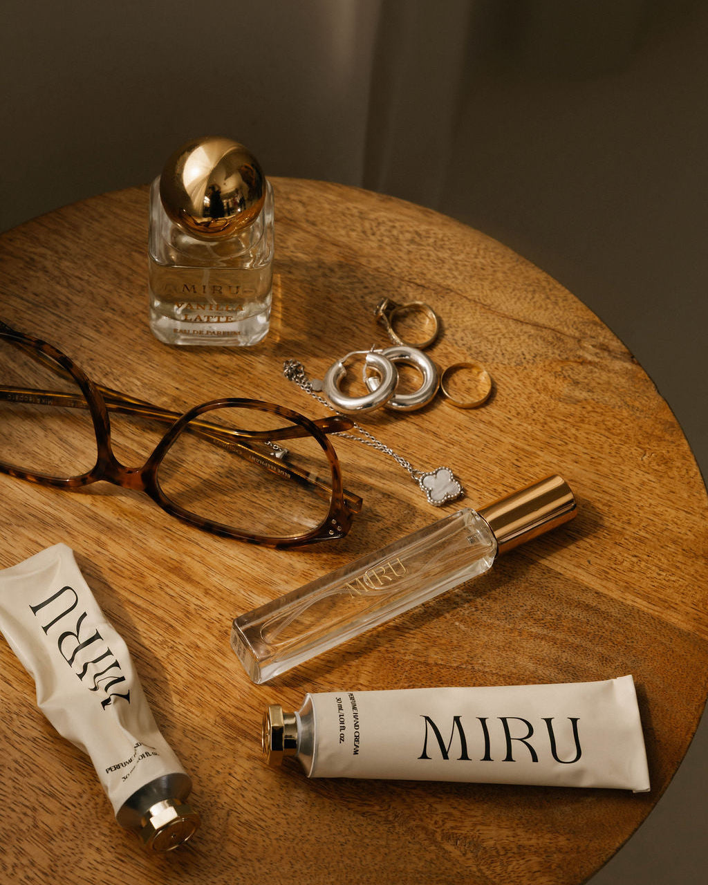 Luxury fragrance perfume and perfume hand creams are on the table